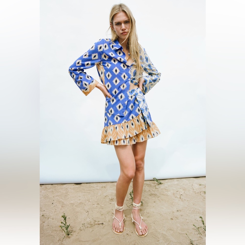Zara Printed Skirt And Button Down Set